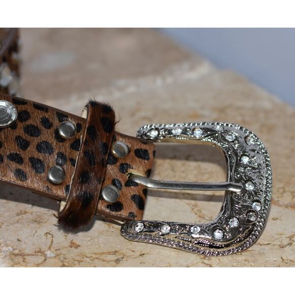 CARA New York Leather Belt Calf Hair Rhinestone Embellishments Western Buckle
